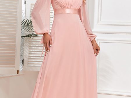 Chiffon V-Neck Blush Formal Dress with Long Sleeves Online Hot Sale