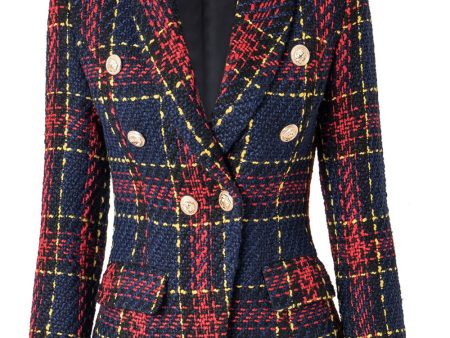 Blue Red Slim Retro Lapel Plaid Women Blazer Online now