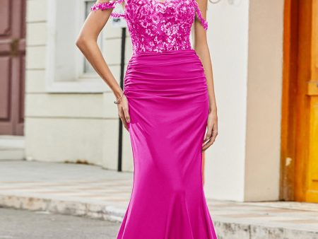 Fuchsia Mermaid Off The Shoulder Long Prom Dress with Sequins For Cheap