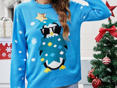 Christmas Blue Penguin Knitted Pullover Sweater Online Hot Sale