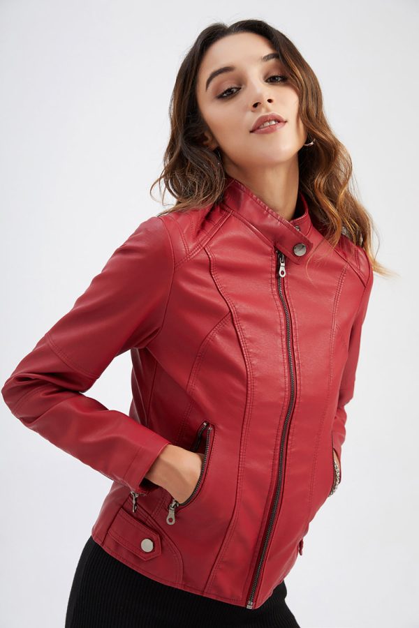 Black Zipper Front Fitted PU Women Jacket Online now