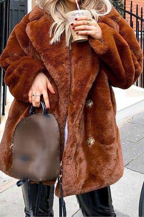 Orange Lapel Neck Open Front Faux Fur Midi Women Coat Sale