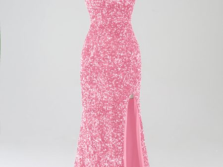 Pink Mermaid Strapless Sequins Long Prom Dress With Slit For Sale