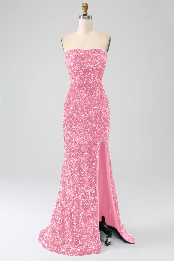 Pink Mermaid Strapless Sequins Long Prom Dress With Slit For Sale