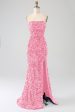 Pink Mermaid Strapless Sequins Long Prom Dress With Slit For Sale