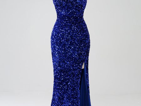 Sparkly Royal Blue Mermaid Spaghetti Straps Sequin Long Prom Dress With Split For Sale