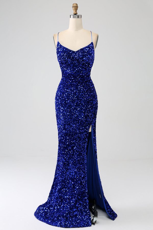 Sparkly Royal Blue Mermaid Spaghetti Straps Sequin Long Prom Dress With Split For Sale