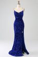 Sparkly Royal Blue Mermaid Spaghetti Straps Sequin Long Prom Dress With Split For Sale