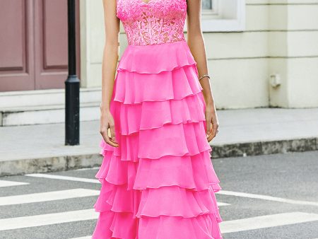 Gorgeous A Line Sweetheart Corset Hot Pink Prom Dress with Appliques Ruffles For Sale