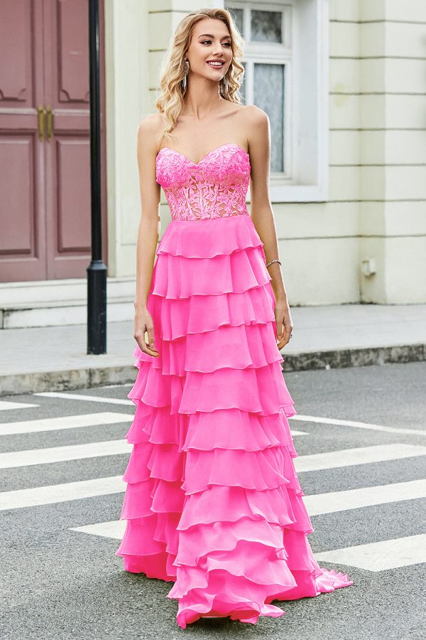 Gorgeous A Line Sweetheart Corset Hot Pink Prom Dress with Appliques Ruffles For Sale