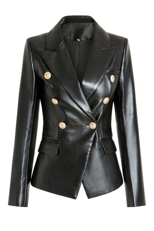 Black PU Double Breasted Women Blazer Online Hot Sale