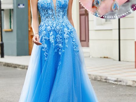 Blue A Line Appliques Tulle Long Prom Dress with Accessory Discount