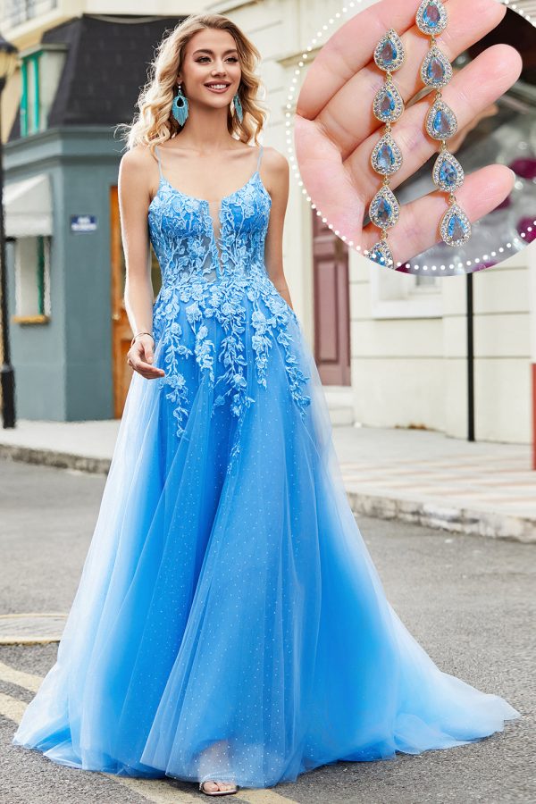 Blue A Line Appliques Tulle Long Prom Dress with Accessory Discount