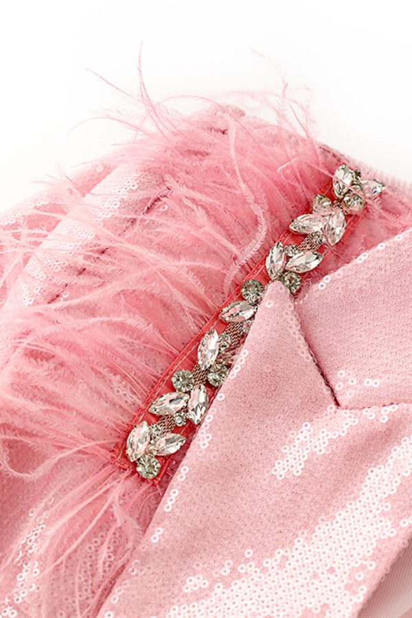 Glitter Pink Women Blazer with Feathers For Discount