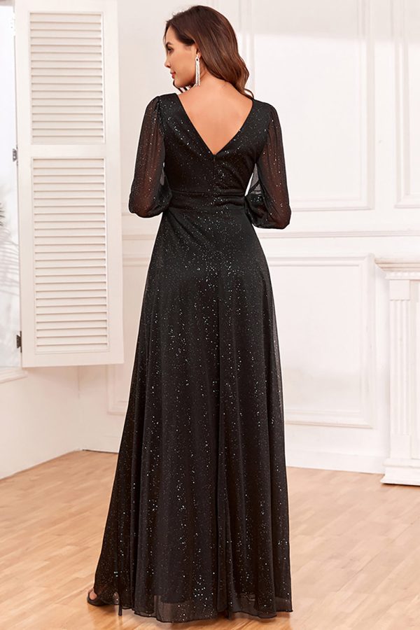 Glitter A-Line Long Sleeves Black Mother of The Bride Dress with Slit Sale