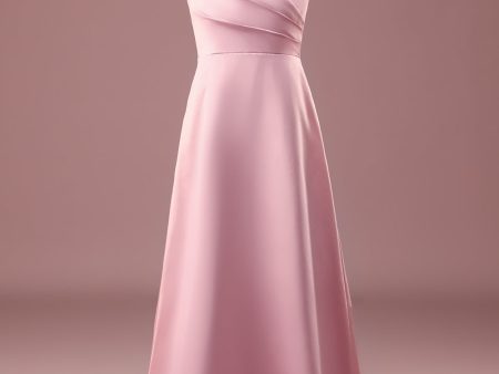 Dusty Rose Satin A-line Pleated V-neck Long Junior Bridesmaid Dress Online Sale