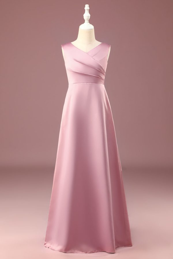 Dusty Rose Satin A-line Pleated V-neck Long Junior Bridesmaid Dress Online Sale