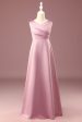 Dusty Rose Satin A-line Pleated V-neck Long Junior Bridesmaid Dress Online Sale