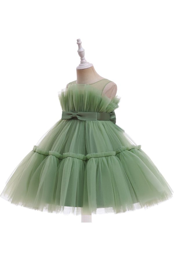 Green Round Neck Tulle Flower Girl Dress with Bowknot Online now