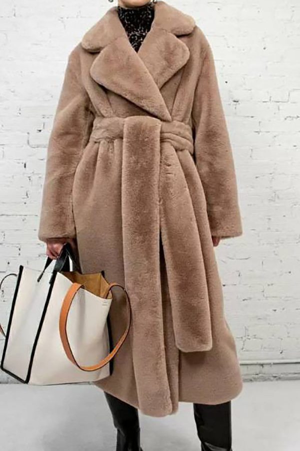 Khaki Faux Fur Shearling Long Open Front Coat with Belt on Sale