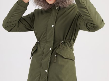 Army Green Mid-Length Hooded Winter Warm Plus Fleece Coat Fashion