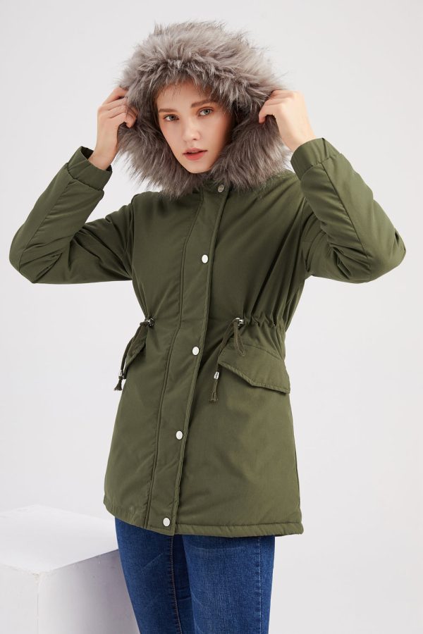 Army Green Mid-Length Hooded Winter Warm Plus Fleece Coat Fashion