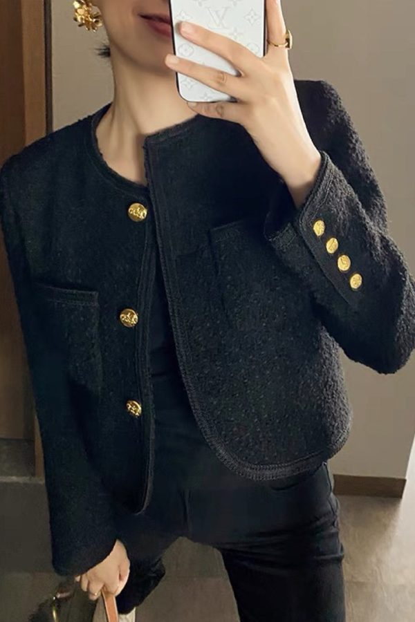 Black Tweed Shawl Lapel Cropped Women Coat For Cheap