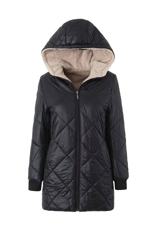 Black Fleece Quilted Fitted Faux Fur Women Puffer Jacket on Sale