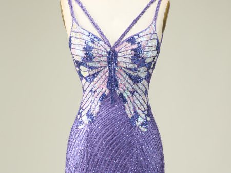 Sheath Spaghetti Straps Purple Sequins Short Homecoming Dress For Sale