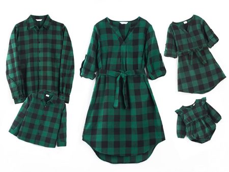 Family Matching Outfits Dark Green Plaid Bowknot Dresses and Long Sleeves T-Shirt For Sale