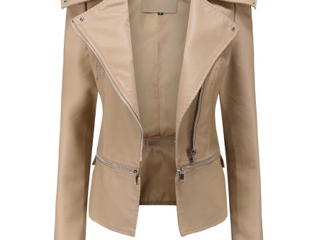 Notched Lapel Apricot Detachable Zipper Short Jacket Online Hot Sale