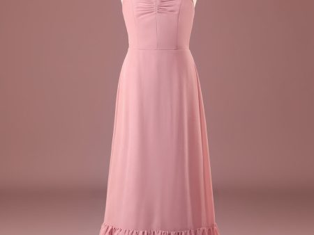 Dusty Rose Spaghetti Straps A-line Chiffon Long Junior Bridesmaid Dress Cheap