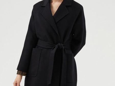 Black Long Notched Lapel Reversible Wool Coat with Belt Fashion