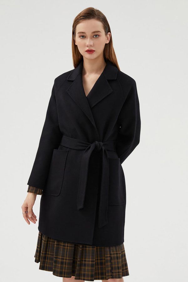 Black Long Notched Lapel Reversible Wool Coat with Belt Fashion