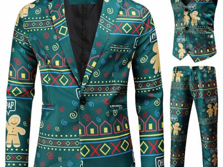 Dark Green Printed Notched Lapel 3 Piece Christmas Men s Suits For Sale