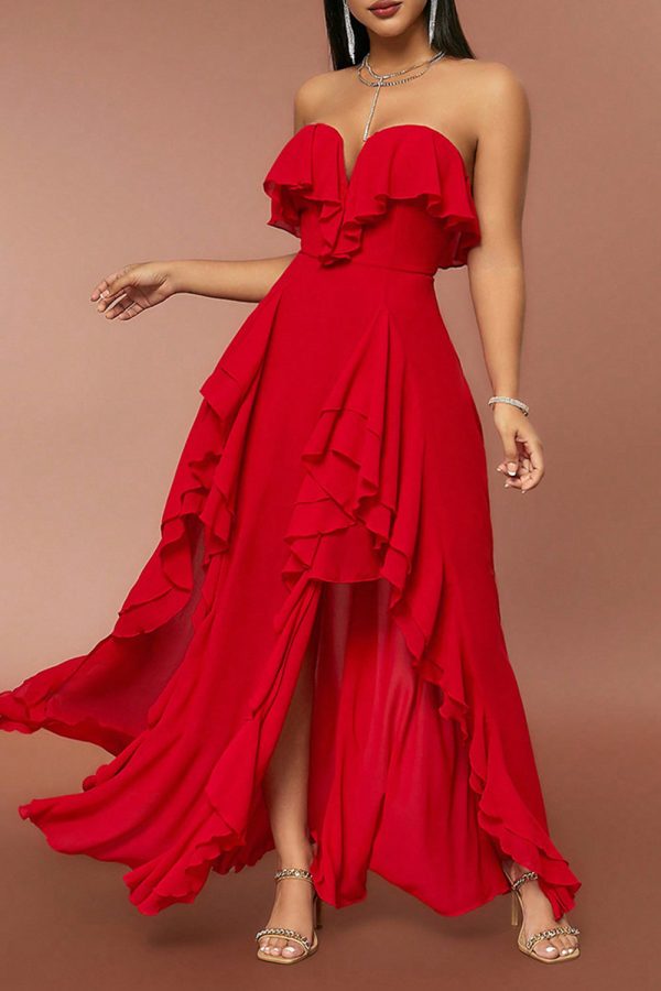 Red Strapless A Line Prom Dress with Ruffles Hot on Sale