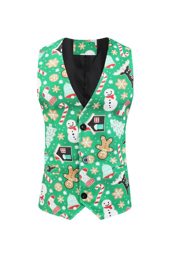 Green Notched Lapel Printed 3 Piece Christmas Men s Suits Sale