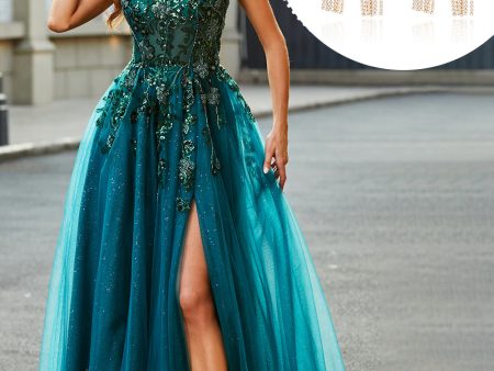 Gorgeous A Line Dark Green Appliques Long Prom Dress with Accessory on Sale