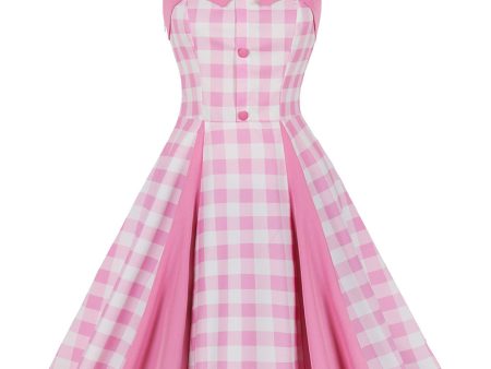 A Line Halter Neck Pink Plaid Pink 1950s Dress on Sale