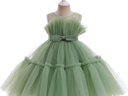 Green Round Neck Tulle Flower Girl Dress with Bowknot Online now