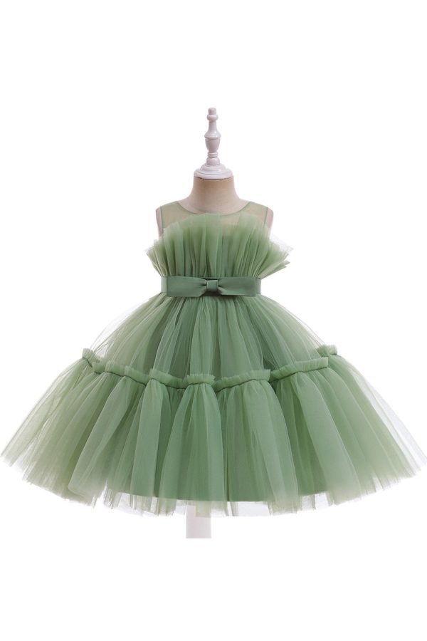 Green Round Neck Tulle Flower Girl Dress with Bowknot Online now