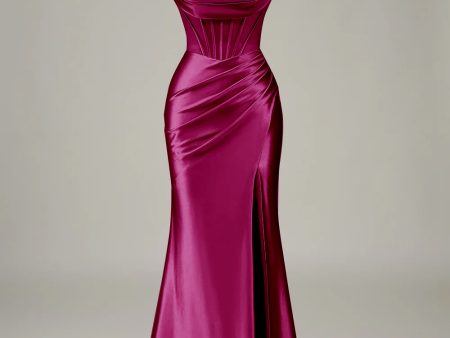 Burgundy Satin Spaghetti Straps Prom Dress with Corset For Cheap