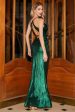 Sparkly Dark Green Spaghetti Straps Long Prom Dress With Accessory Discount