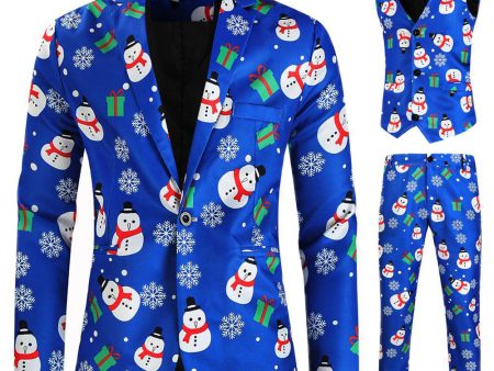 Blue Snowman Printed 3 Piece Men s Christmas Suits Online Sale