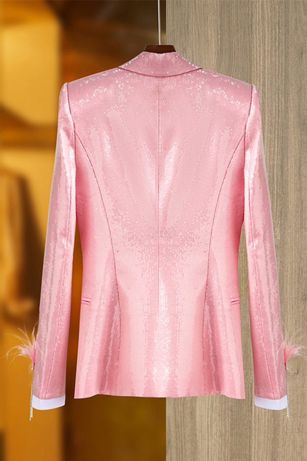 Glitter Pink Women Blazer with Feathers For Discount