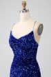 Sparkly Royal Blue Mermaid Spaghetti Straps Sequin Long Prom Dress With Split For Sale