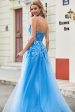 Blue A Line Appliques Tulle Long Prom Dress with Accessory Discount