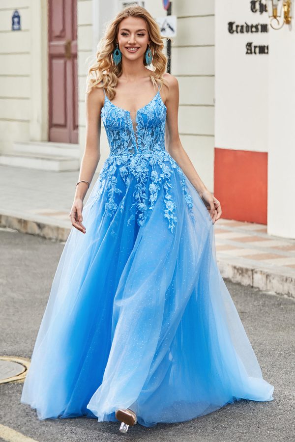 Blue A Line Appliques Tulle Long Prom Dress with Accessory Discount