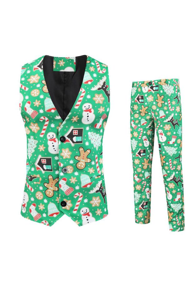 Green Notched Lapel Printed 3 Piece Christmas Men s Suits Sale