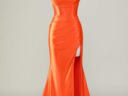 Orange Mermaid Spaghetti Straps Long Corset Prom Dress With Slit Online